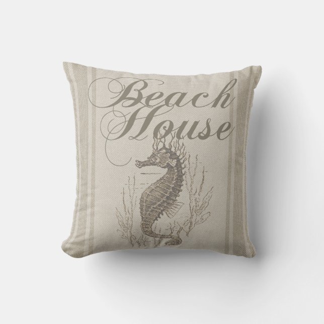 Beach House Seahorse Seashore Throw Pillow (Front)
