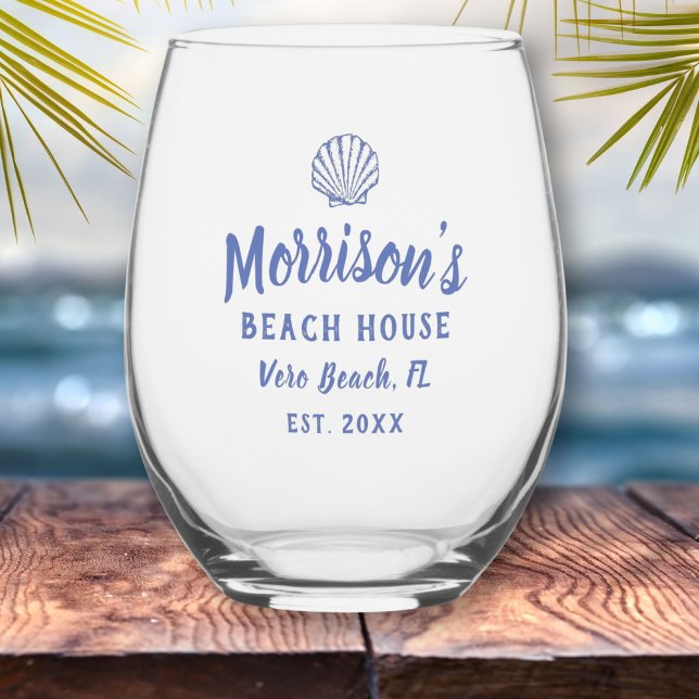 Beach House Seashell Clam Shell Personalized Name Stemless Wine Glass (Creator Uploaded)