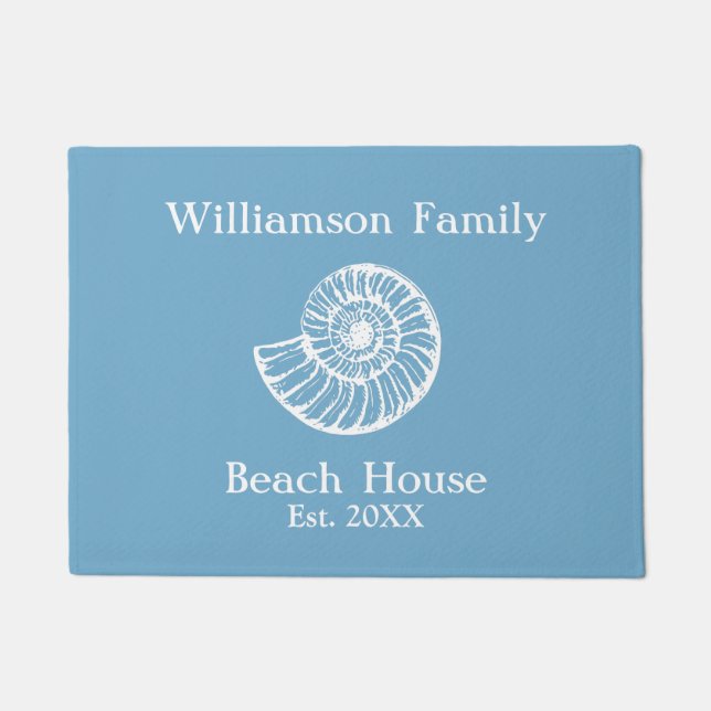 Beach House Shell Blue Monogrammed Doormat (Front)