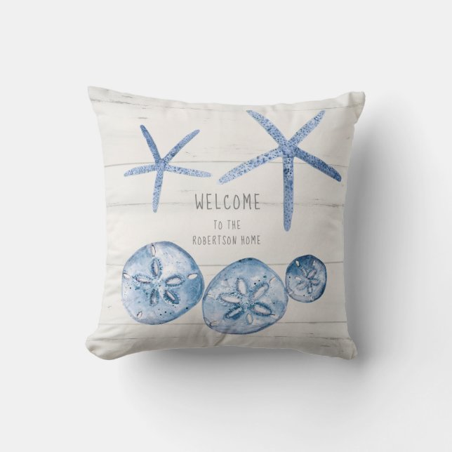 Beach House Starfish Sand Dollar Shells Blue White Throw Pillow (Front)