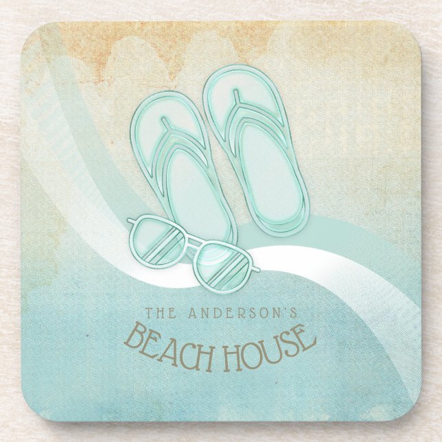 Beach House Sunglasses and Flip Flops Aqua ID623 Coaster (Front)