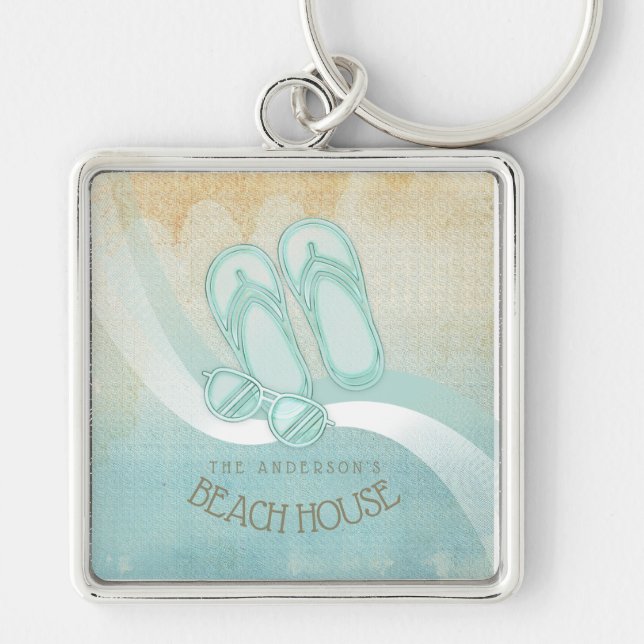 Beach House Sunglasses and Flip Flops Aqua ID623 Keychain (Front)