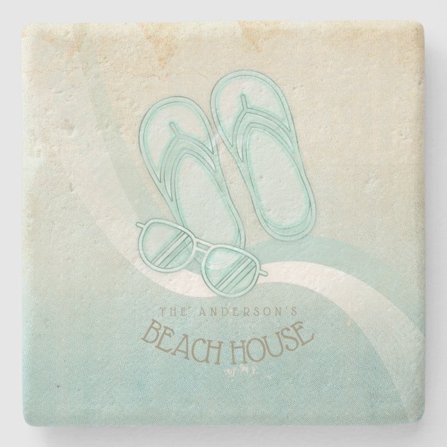 Beach House Sunglasses and Flip Flops Aqua ID623 Stone Coaster (Front)