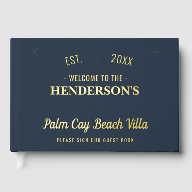 Beach House Vacation Rental Nautical Custom Gold Guest Book (Front)