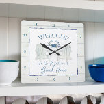 Beach House Watercolor Adirondack Chair Crab Name  Square Wall Clock<br><div class="desc">Personalized with your family name or message in a fun script handwriting font.  Watercolor blue crab and cottage white wood border as well as a pair of Adirondack chairs were created by internationally licensed artist and designer,  Audrey Jeanne Roberts,  copyright.</div>