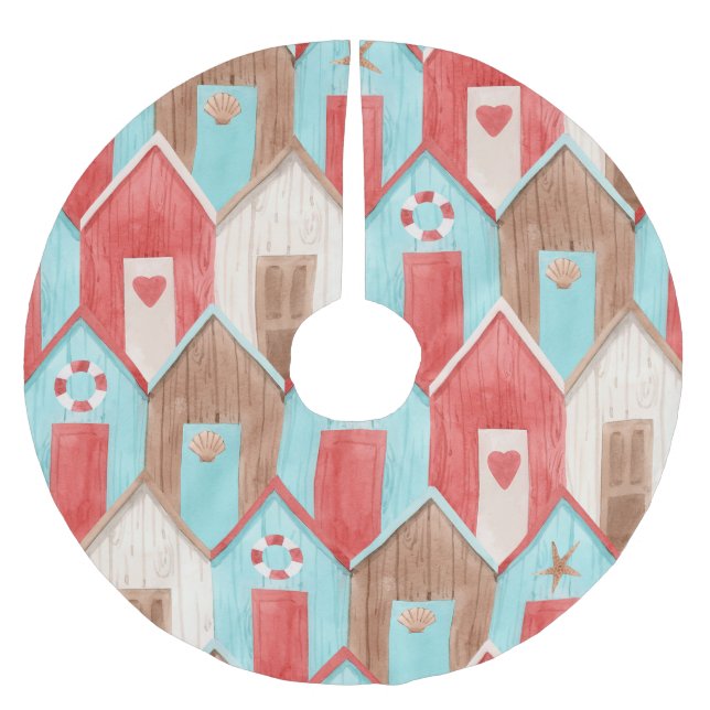 Beach house watercolor: retro pattern. brushed polyester tree skirt (Front)
