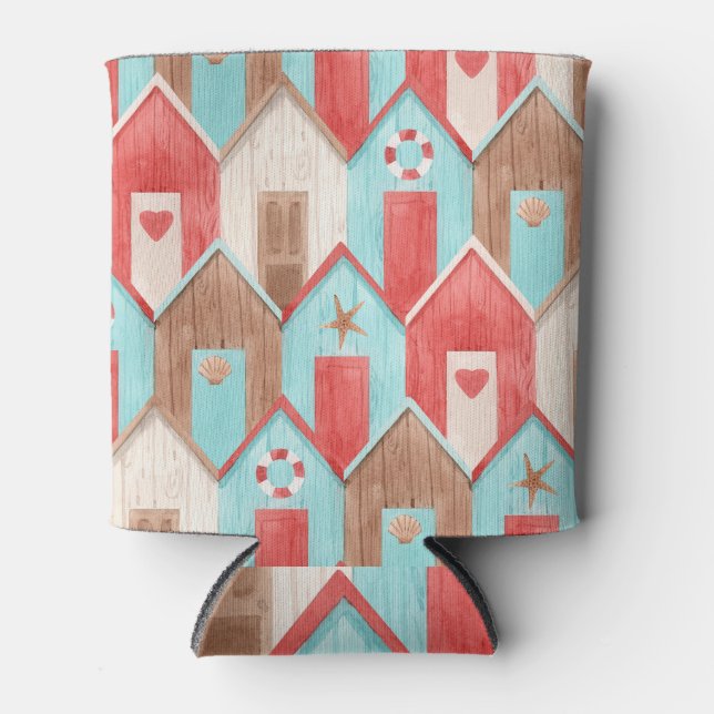 Beach house watercolor: retro pattern. can cooler (Front)