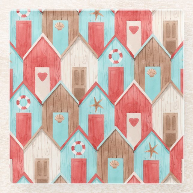 Beach house watercolor: retro pattern. glass coaster (Front)