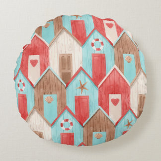 Beach house watercolor: retro pattern. round pillow