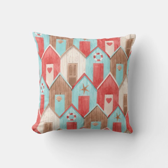 Beach house watercolor: retro pattern. throw pillow (Front)