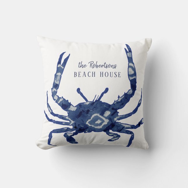 Beach House Welcome Name Shibori Blue Crab Diamond Throw Pillow (Front)
