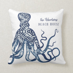 Beach House Welcome Name Shibori Pattern Octopus Throw Pillow