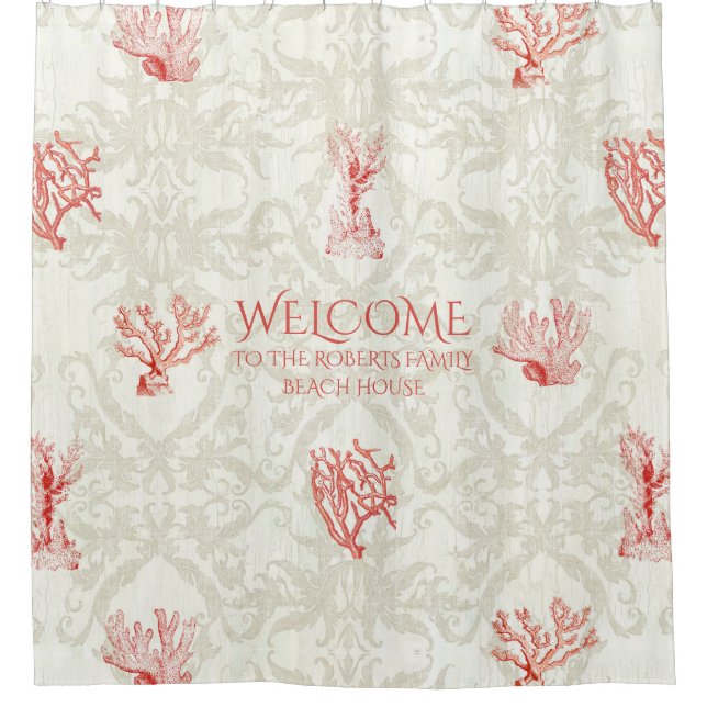 Beach House Welcome Sign Family Name Coral Damask (Front)
