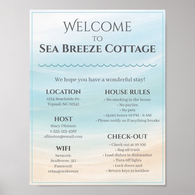 Beach House Welcome Sign with House Rules & WiFi (Front)