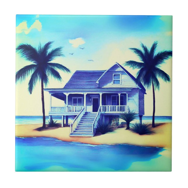 Beach House with Palm Trees Tile (Front)