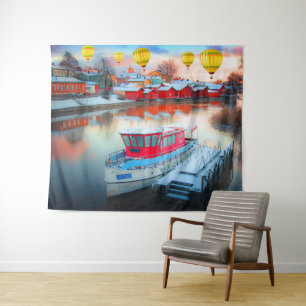 Beach Houses (Marine Life) Modern Seaside Scene Tapestry
