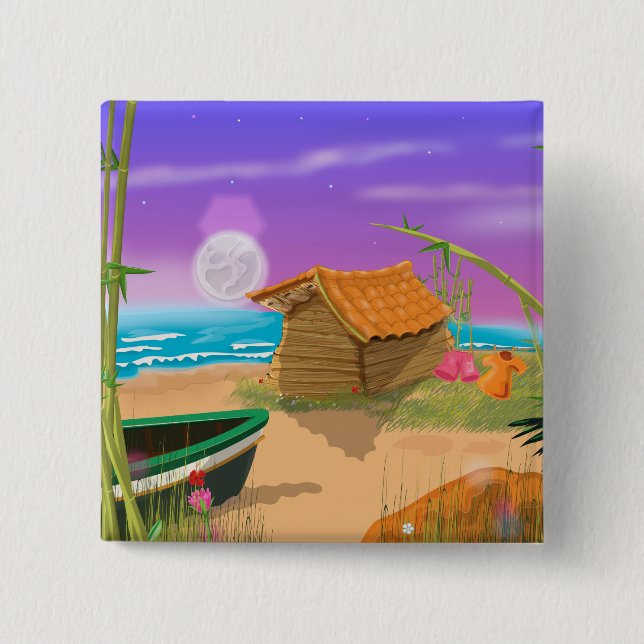 Beach Hut on moonlit beach 2 Inch Square Button (Front)