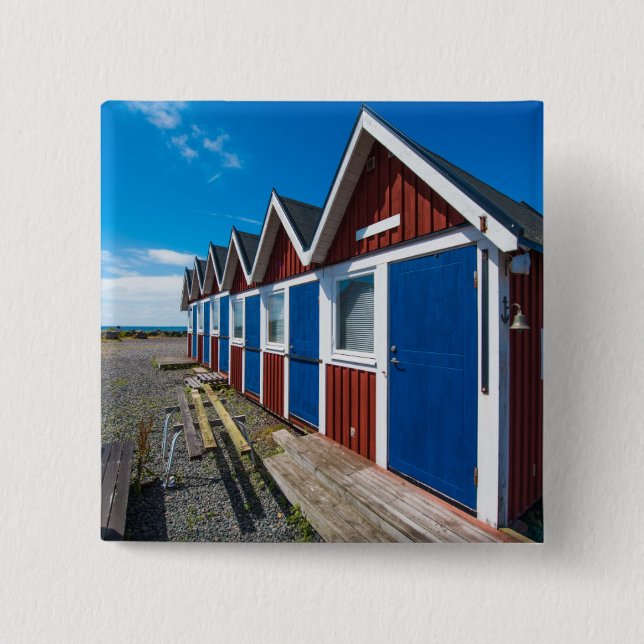 Beach Huts 3 2 Inch Square Button (Front)