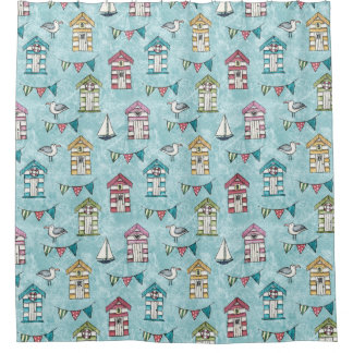 Beach Huts and Gulls Seaside Pattern
