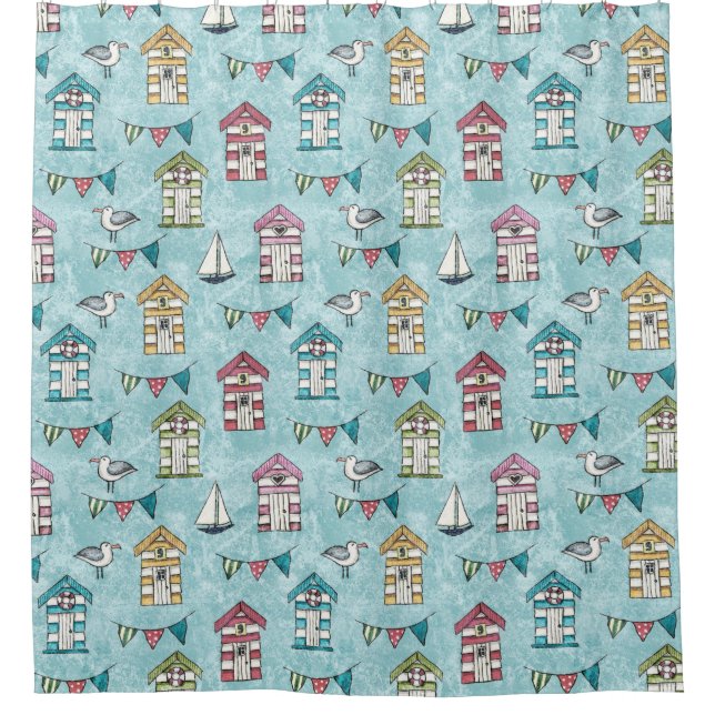 Beach Huts and Gulls Seaside Pattern (Front)