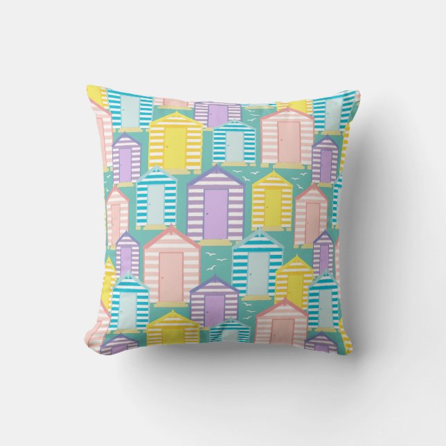 Beach Huts and Seagulls Pattern on Teal Blue Throw Pillow (Front)