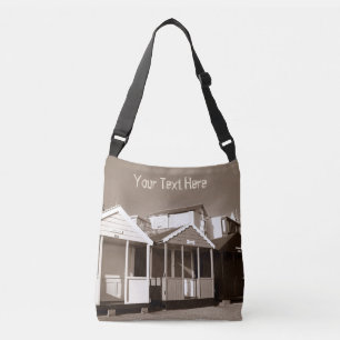 Beach huts blue skies english sepia seaside photo crossbody bag