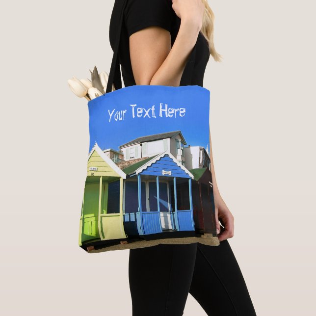 Beach huts blue skies english summer seaside photo tote bag (Close Up)