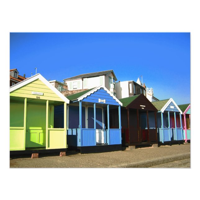 Beach huts blue skies sand english seaside photo print (Front)
