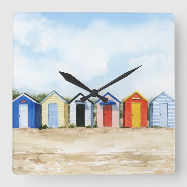 Beach Huts I Square Wall Clock (Front)