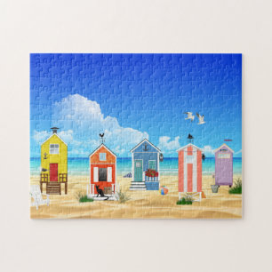 Beach huts in a colourful line up on the beach jigsaw puzzle
