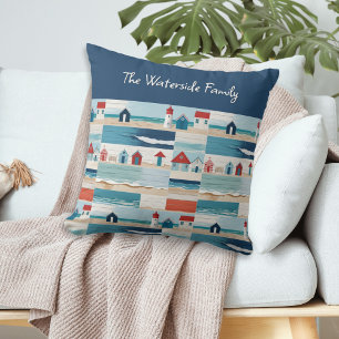 Beach Huts Lighthouses Sea Coastal Blue Throw Pillow