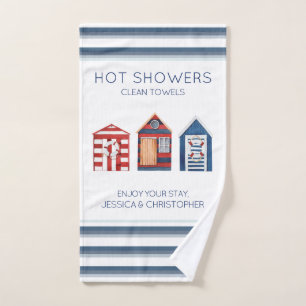 Beach huts stripes parasols coastal custom text  bath towel set