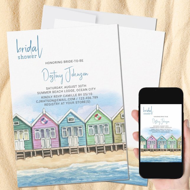 Beach Huts Watercolor Ocean Front Bridal Shower Invitation (Bridal Shower Invitation with colorful pastel beach huts on the beach)