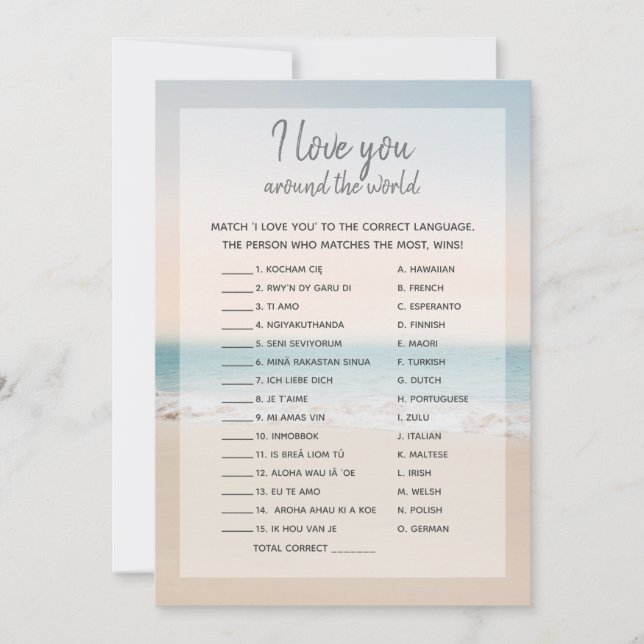 Beach I Love You Foreign Words Bridal Shower Game  Invitation (Front)