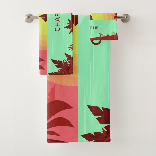 Beach Illustration custom name towel set (Insitu)