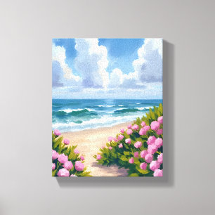 Beach in Bloom   Pink Hydrangea Oceanside Coastal Canvas Print