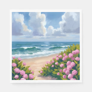 Beach in Bloom   Pink Hydrangea Oceanside Coastal Napkin
