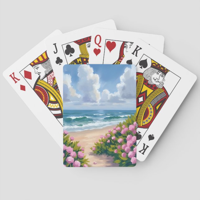 Beach in Bloom | Pink Hydrangea Oceanside Coastal Playing Cards (Back)