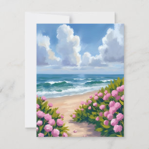 Beach in Bloom   Pink Hydrangea Oceanside Coastal Thank You Card