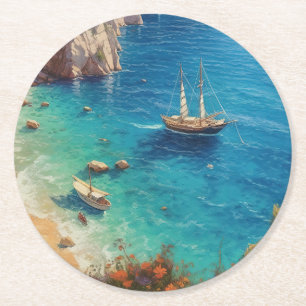 Beach in Greece  Round Paper Coaster