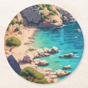 Beach in Greece  Round Paper Coaster