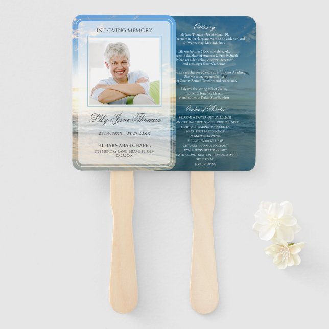 Beach In Loving Memory Funeral Program Hand Fan (Front and Back)