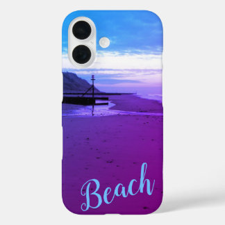 Beach in Mundesley, Norfolk in blue and purple iPhone 16 Case