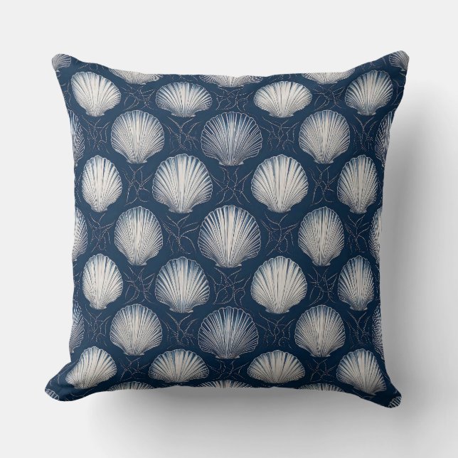 Beach-Inspired Navy and White Seashell  Throw Pillow (Front)