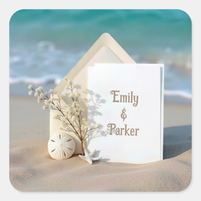 Beach Invitation In Sand With Starfish Square Sticker (Front)