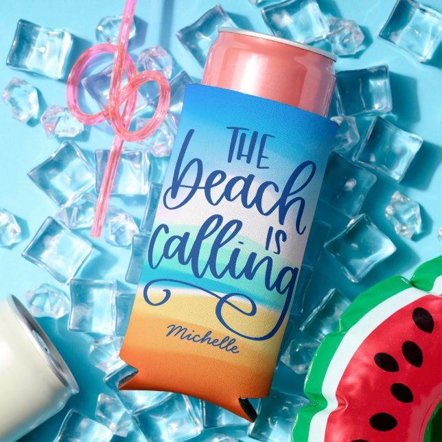 Beach is Calling Text Design Summer Seltzer Can Cooler (In Situ Summer)