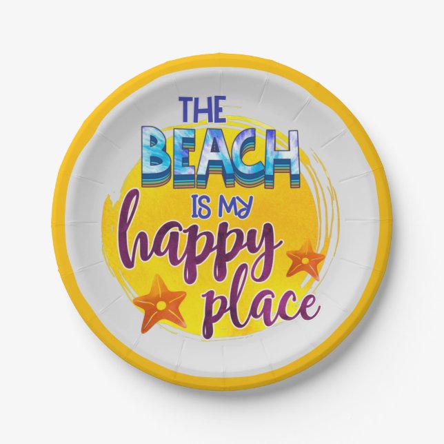 Beach Is Happy Place Quote Bright Sunny Yellow  Paper Plate (Front)