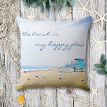 Beach Is My Happy Place Ocean Sand Birds Photo Throw Pillow<br><div class="desc">“The beach is my happy place.” Relax and remind yourself of the fresh salt smell of the ocean air whenever you use this stunning pastel-coloured photo throw pillow. Exhale and explore the solitude of an empty California beach, complete with lifeguard booth and seagulls. Makes a great housewarming gift! You can...</div>