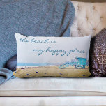 Beach Is My Happy Place Script Ocean Sand Coastal  Lumbar Pillow<br><div class="desc">“The beach is my happy place.” Relax and remind yourself of the fresh salt smell of the ocean air whenever you use this stunning pastel-coloured photo lumbar pillow. Exhale and explore the solitude of an empty California beach, complete with lifeguard booth and seagulls. Makes a great housewarming gift! You can...</div>