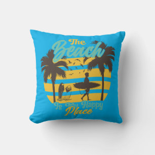 Beach is my Happy Place, Summer, Surf & Palm Trees Throw Pillow